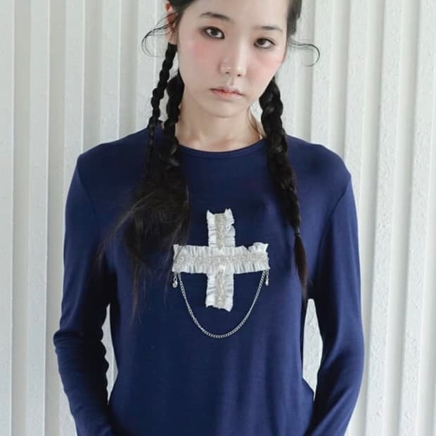 샵페어리 cross trimming long top [navy]
