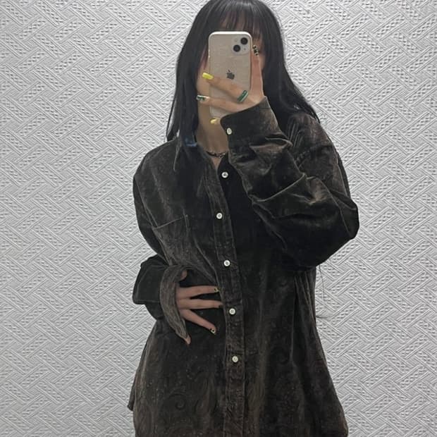 타미힐피거 90s 페이즐리 벨벳 오버핏 긴팔 셔츠 105 C05923