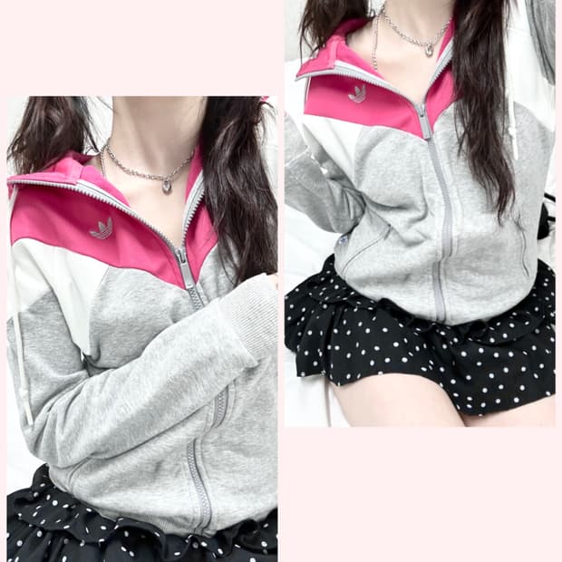 아디다스 자수로고 핑크 배색 후드집업