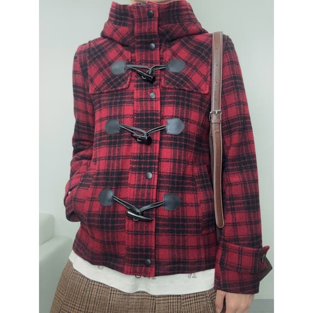 빈티지 레드 후드 더플 하프 울 코트