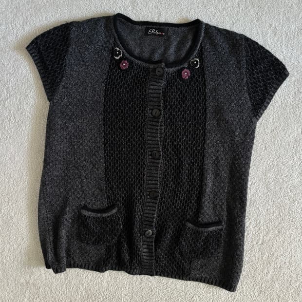 일본빈티지 플라워 자수 차콜 레이어드 반팔 니트 조끼