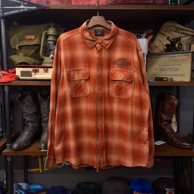 할리 데이비슨 스펠아웃 빅 로고 엘보 패치 플란넬 워크 체크 셔츠