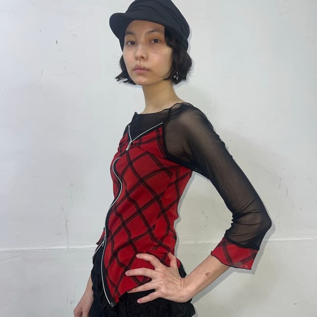 Vintage 체크 레이어드 지퍼 탑