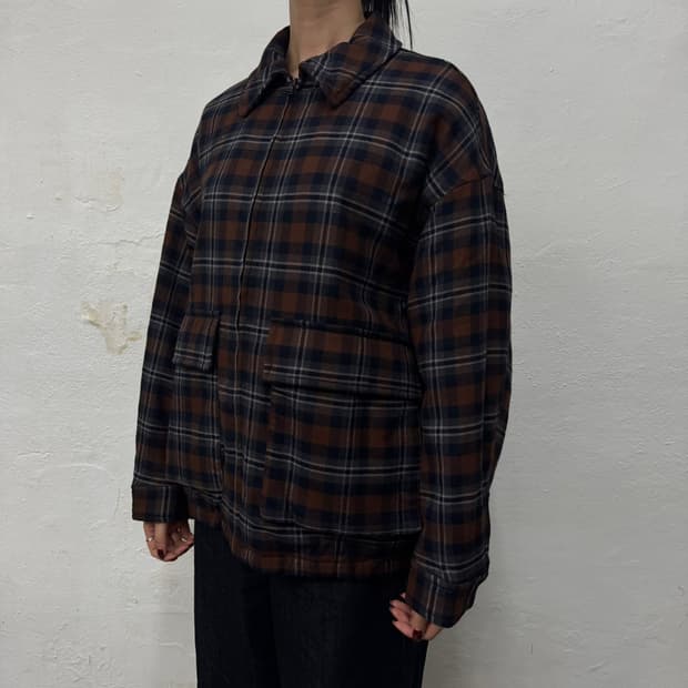 HARE 브라운컬러 체크 패턴 울 혼방 집업 블루종 자켓