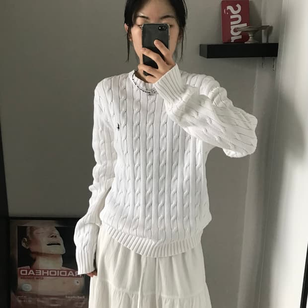 폴로 랄프로렌 포니 로고 화이트 케이블 니트