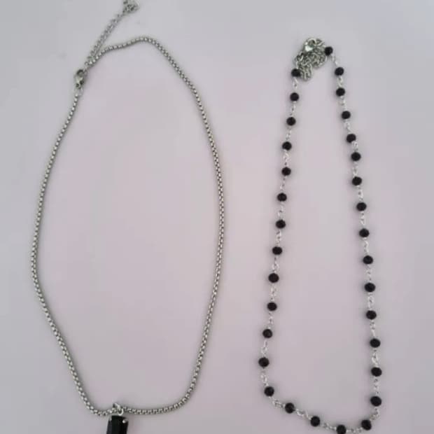 블랙 초커 레이어드 목걸이 세트 (실버 체인 + 스톤)