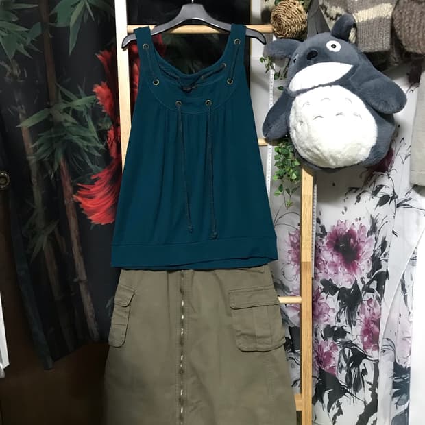 Jp 청록 모리걸 탑 + Jp 카키 밴딩 멀티포켓 스커트 set