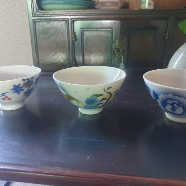 [빈티지/골동] 일본풍 동양화 도자기 찻잔/공기 3점 세트 (단풍·후지산