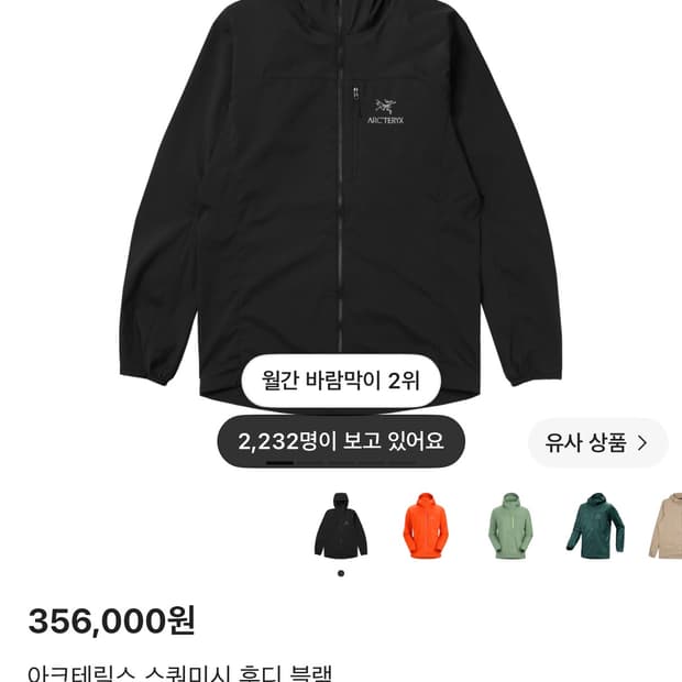 아크테릭스 스쿼미시 후디 블랙 xs