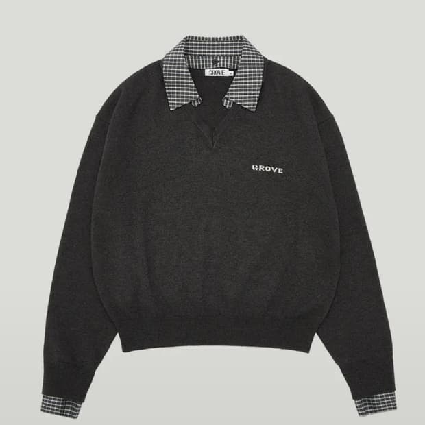 그로브 체크 카라 니트 다크그레이