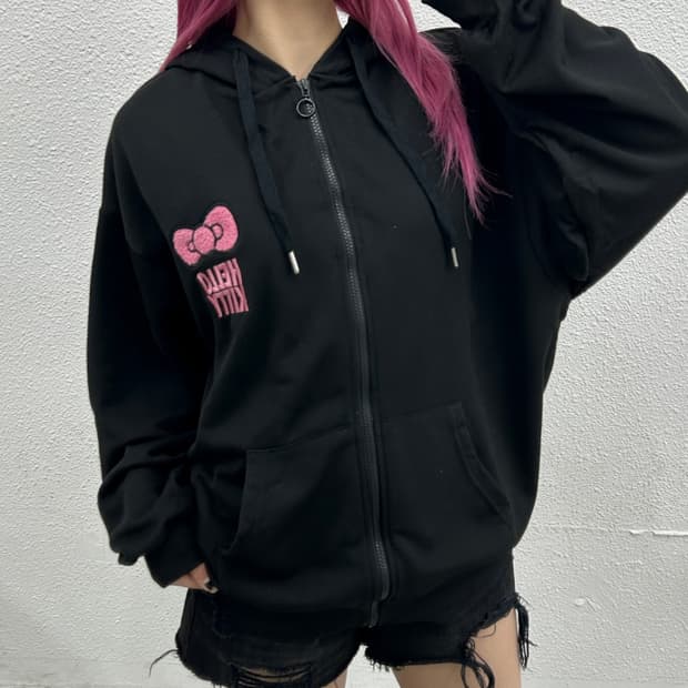 헬로키티 Japan 레오파드 프린팅 블랙 후드집업 L