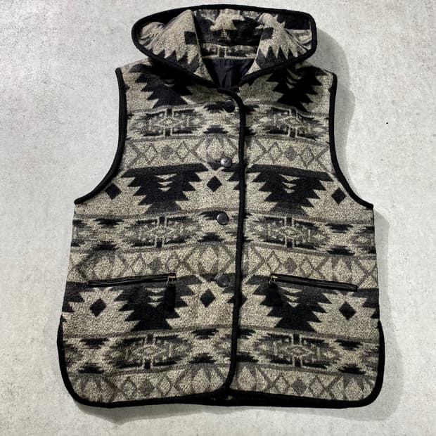 [L-XL] Vintage 빈티지 에스닉 나바호 패턴 울 후드 베스트