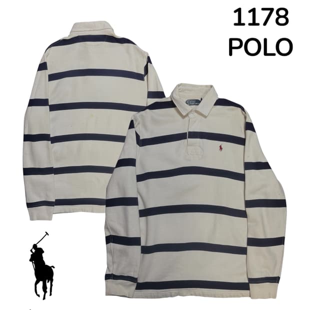 폴로 화이트 네이비 스트라이프 럭비티 L