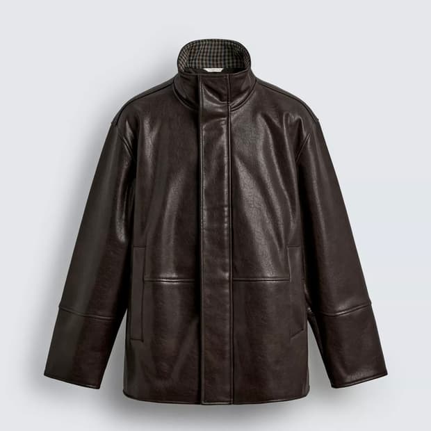 자라 배색 페이크 레더 점퍼 브라운 L