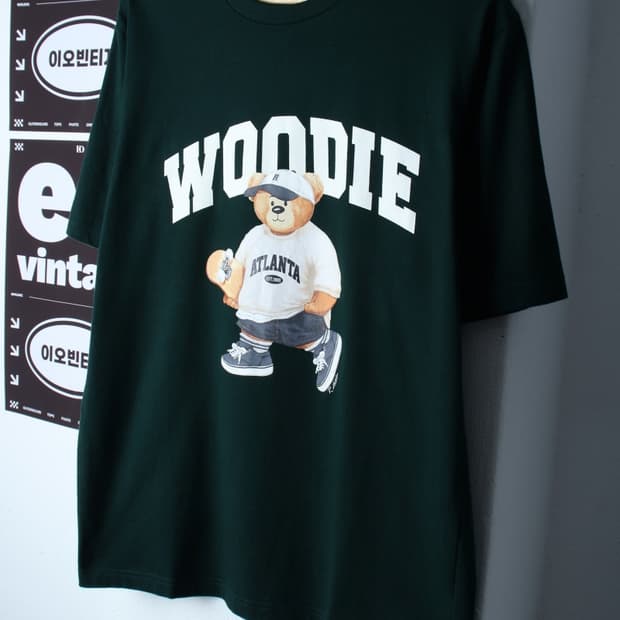 (L-XL) 스파오 반팔 티셔츠 빅로고 곰돌이 그린 올드스쿨-H32270