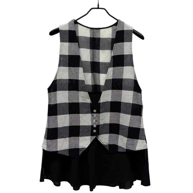 Gabardine K.T 버팔로 체크 이중 레이어드 브이넥 베스트