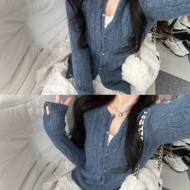 랄프로렌 뮤트블루 알파카 울 케이블 니트 가디건 