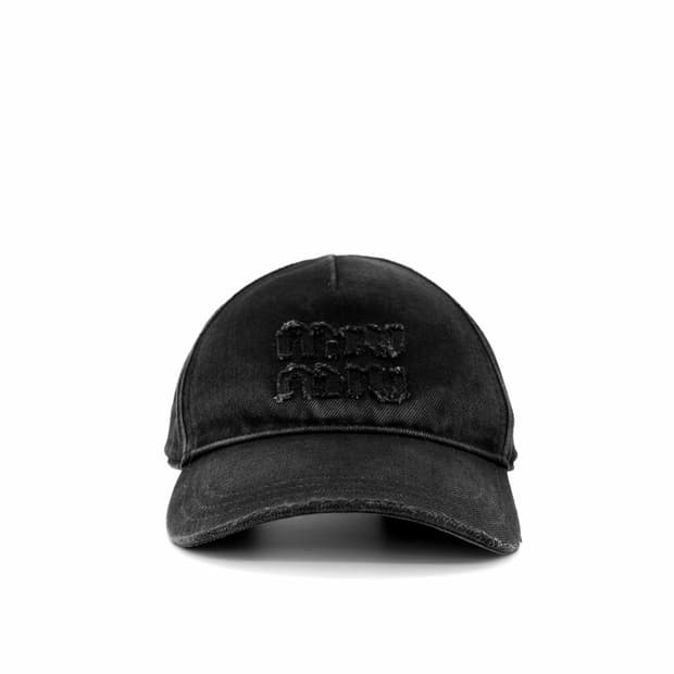 [S] 미우미우 로고 드릴 자수 워시드 데님 베이스볼 볼캡 모자 블랙