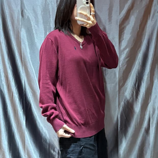 L 폴로랄프로렌 슬림핏 피마코튼 브이넥 버건디 니트