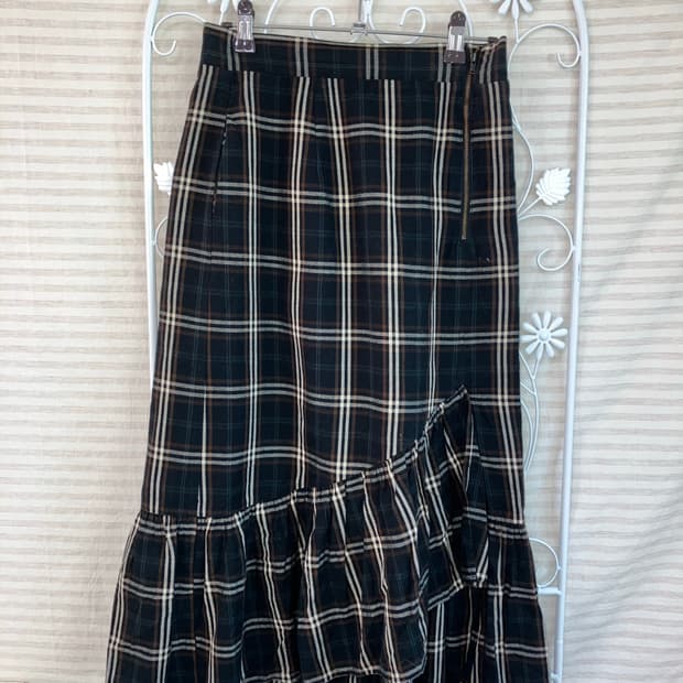 jpn vintage 딥그린 체크 프릴 롱 스커트 y2k 스트릿 갸루 펑