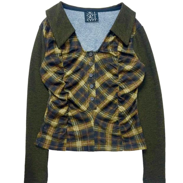 쎄쎄쎄 라비린스 체크 셔링 탑 옐로우 카키 