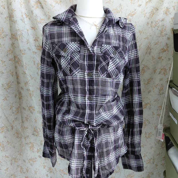 [빈티지] 체크 셔츠 허리 묶음 스타일