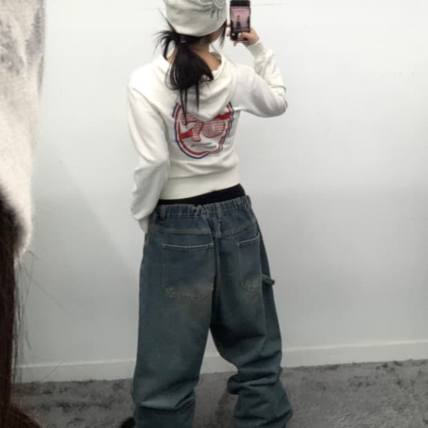 화이트 슬림핏 프린팅 후드집업