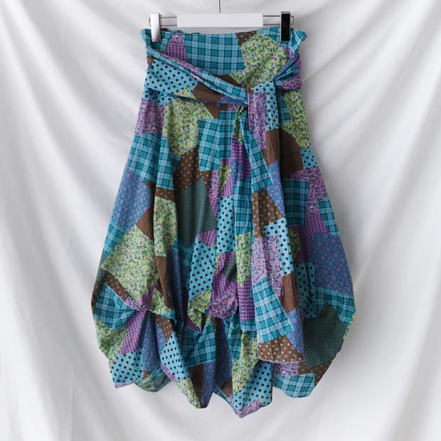 check flower patchwork balloon skirt