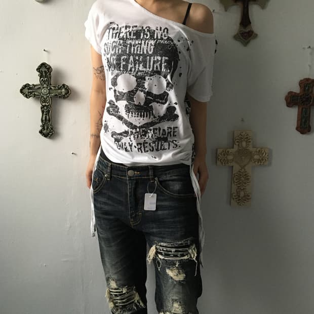 Side shirring skull printing t shirt