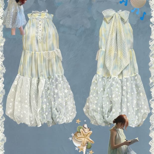 로즈아일랜드 해파리 연청 언밸런스 패치 홀터 원피스 fairycore