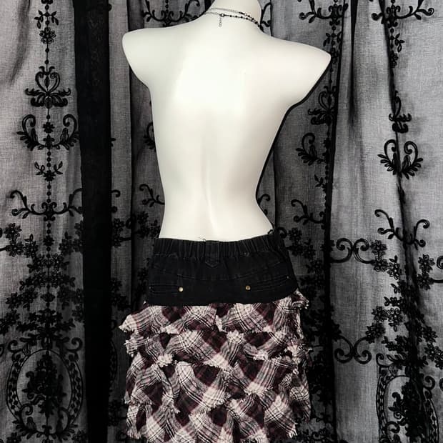 Hybrid Denim Checkered Tiered Skirt