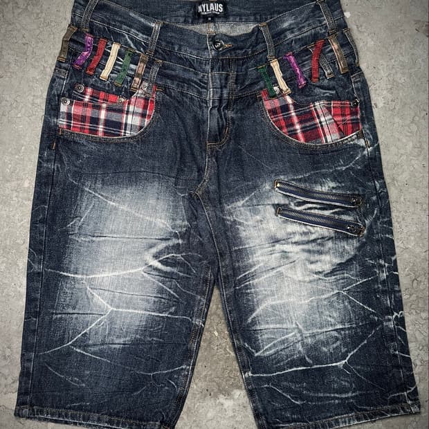 Crushed Check Double Belt Denim Shorts
