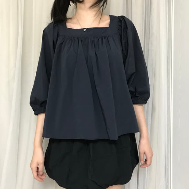 네이비 스퀘어넥 블라우스 러블리 모리 일본빈티지 셔링 7부