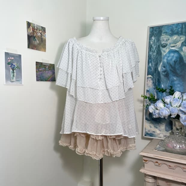 white dot ruffle button blouse