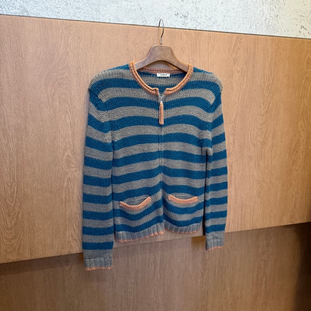 빈티지 라운드넥 스트라이프 니트 집업 가디건 레귤러핏 블루 그레이