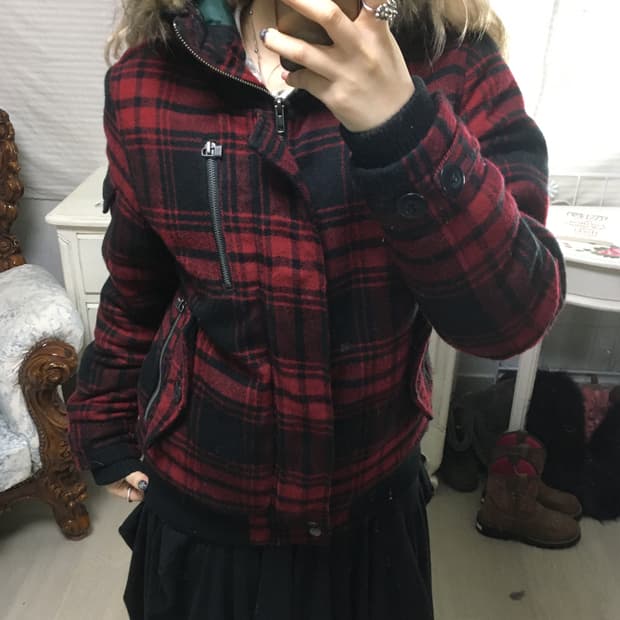 일본빈티지 레드 타탄 체크 퍼 후드 점퍼 블루종