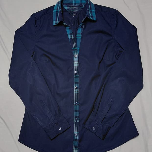 [S] 타미 힐피거 여성 타탄체크 배색 스트레치 셔츠 (네이비)