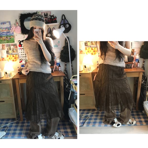 VINTAGE SHIRRING LACE LONG SKIRT BROWN