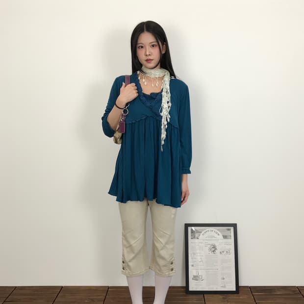  Jpn Deep Blue Pleated Peplum Blouse