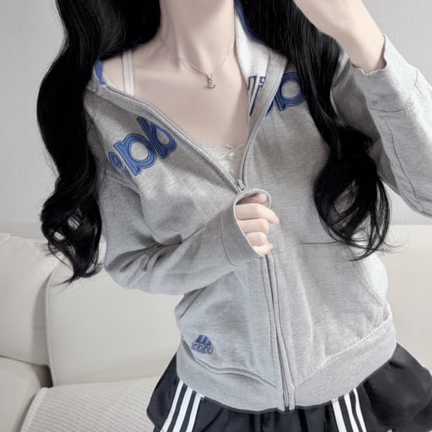 아디다스 블루 그레이 삼선 후드 집업 L