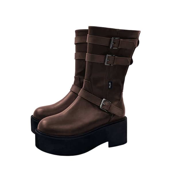 애즈온 MAYA MIDI BUCKLE BOOTS 브라운