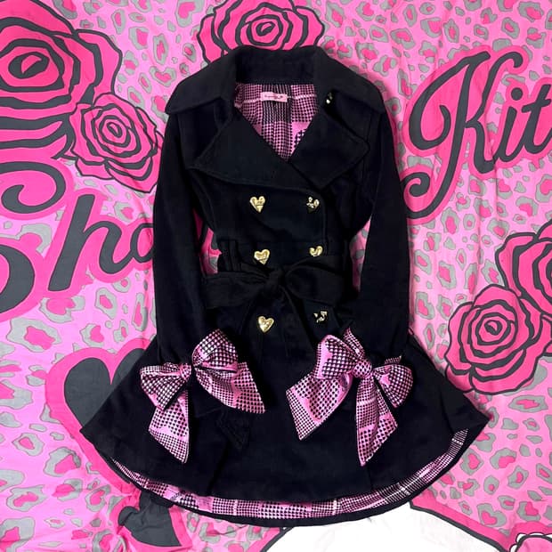 MA*RS마즈 블랙핑크 하트체크 리본 금장 코트 히메오네갸루109핀터대장