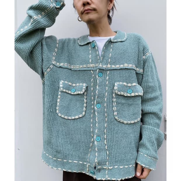 핑거린 스티치 트러커 니트 가디건 민트 s