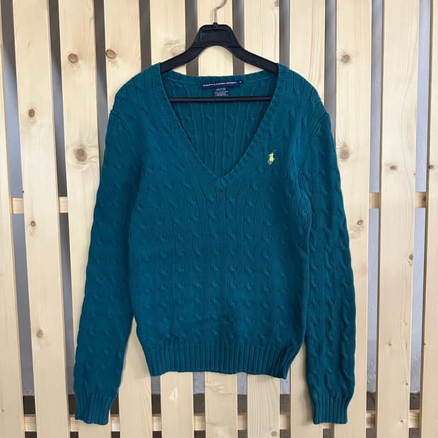 (S) 폴로 블루 그린 케이블 니트 스웨터