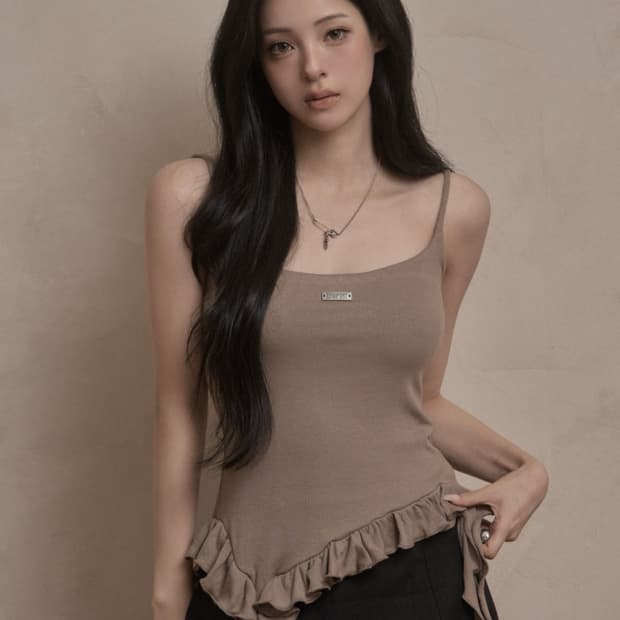 카키포인트 러플 레이어드 슬리브리스 브라운