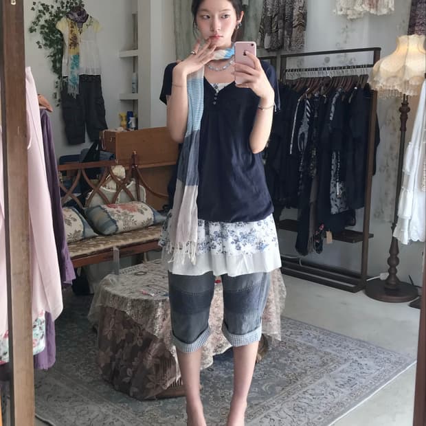 빈티지 데일리 무채색 블루 하구미 데님 카프리 코디 세트