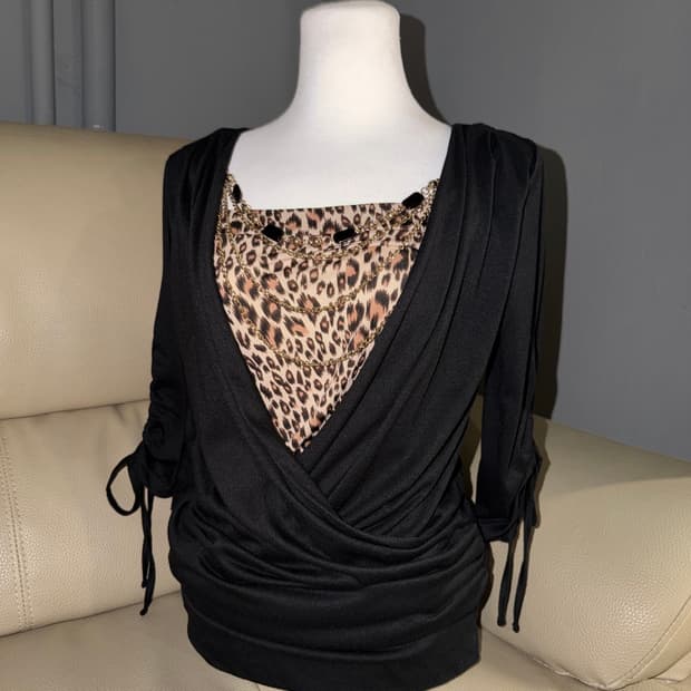 leopard layered drape detail top