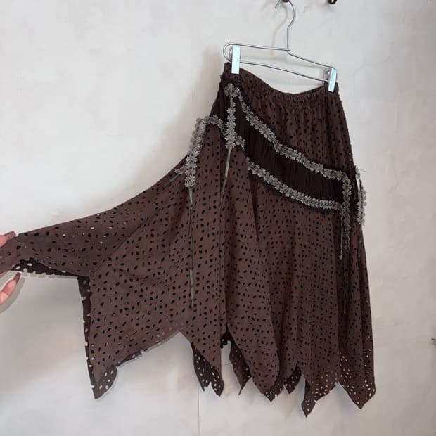 Dark brown bohemian punching suede skirt