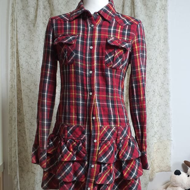 [일본빈티지] 캐캐체 아무깔 레드 체크 프릴 롱 셔츠 원피스