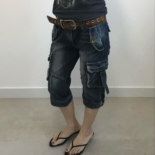 빈티지 카고 벨크로 카프리 데님팬츠